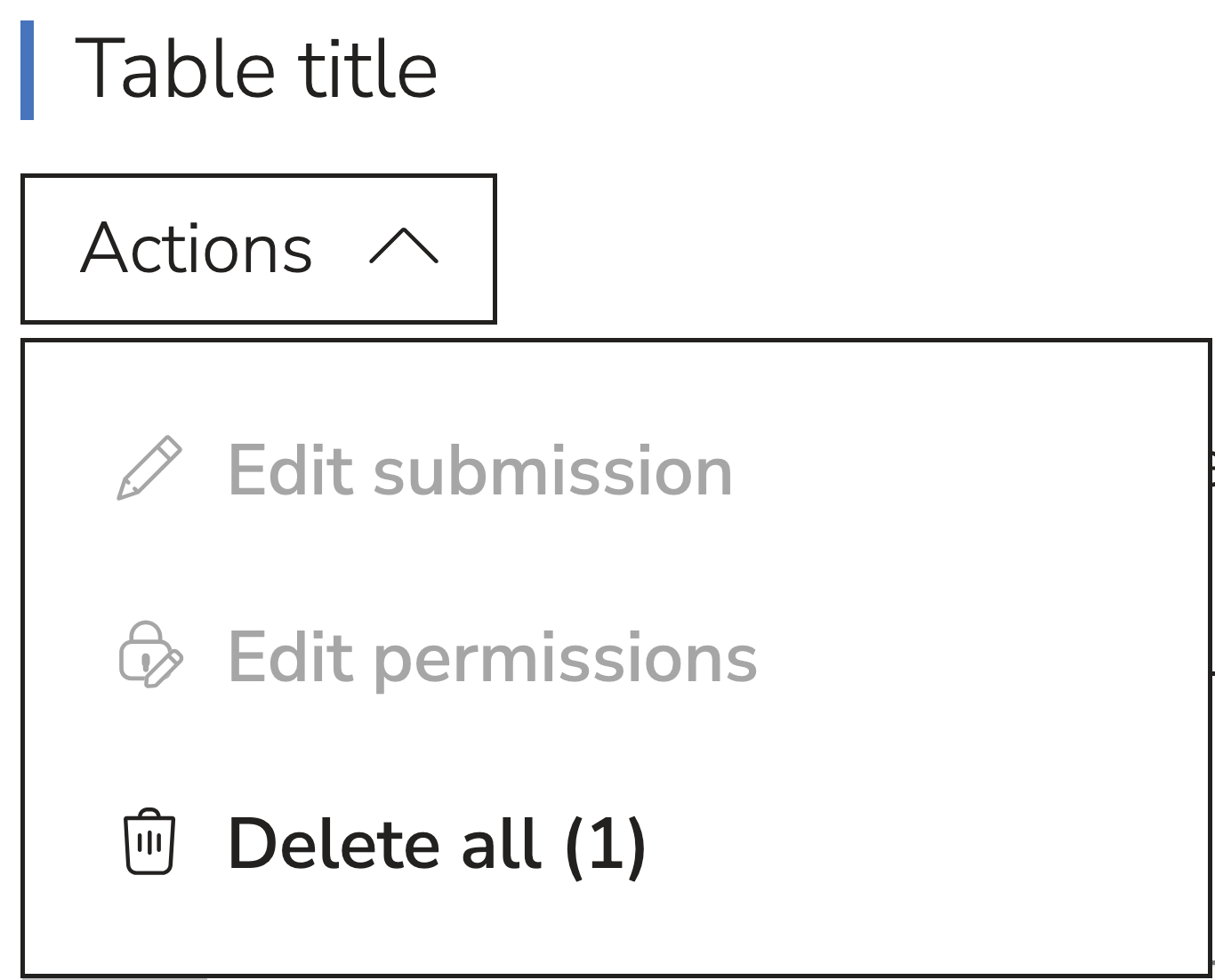 Table title and action dropdown example for tables